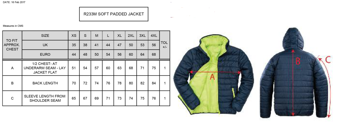 Sussex Rugby Padded Jacket - Size Guide