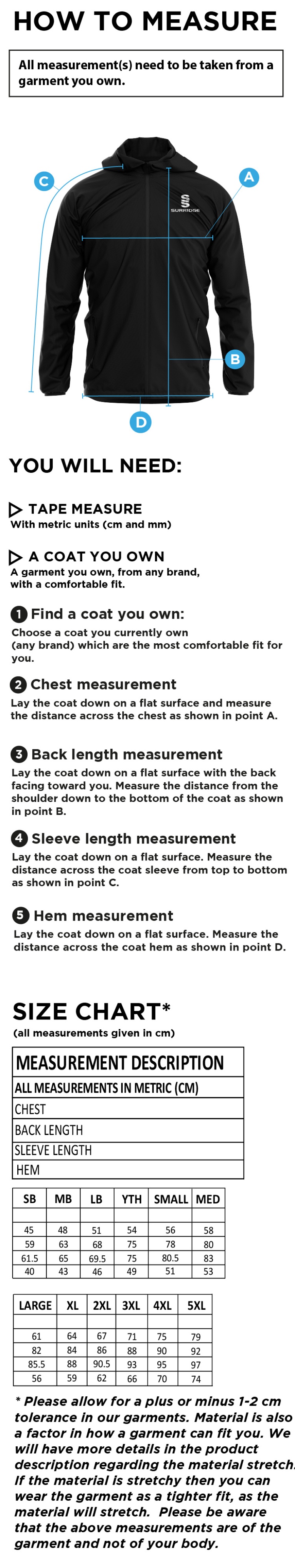 Sussex Rugby Training Jacket Navy - Size Guide