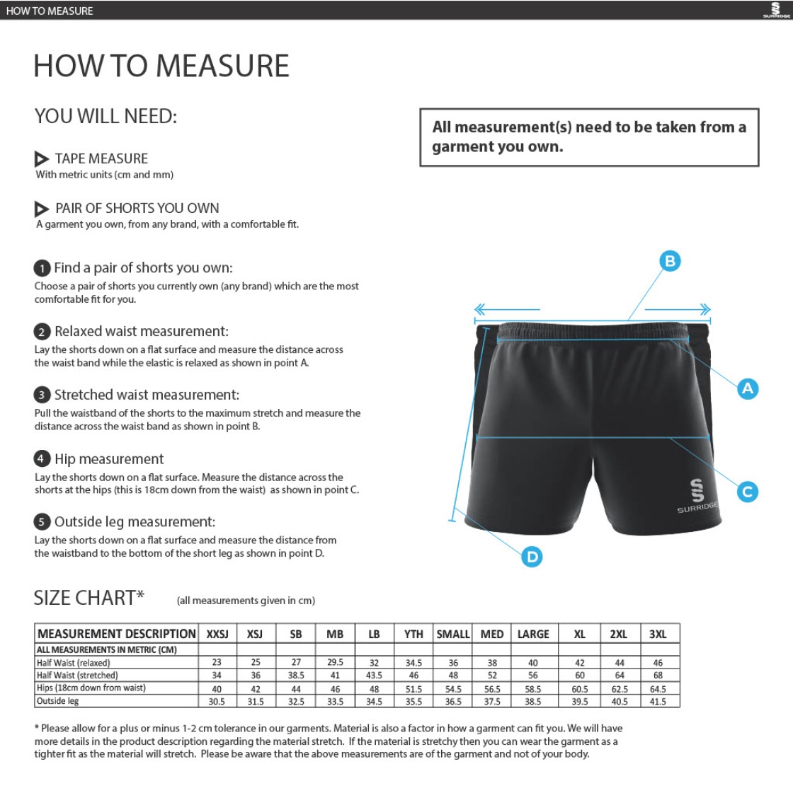 Sussex Rugby Playing Shorts Navy - Size Guide