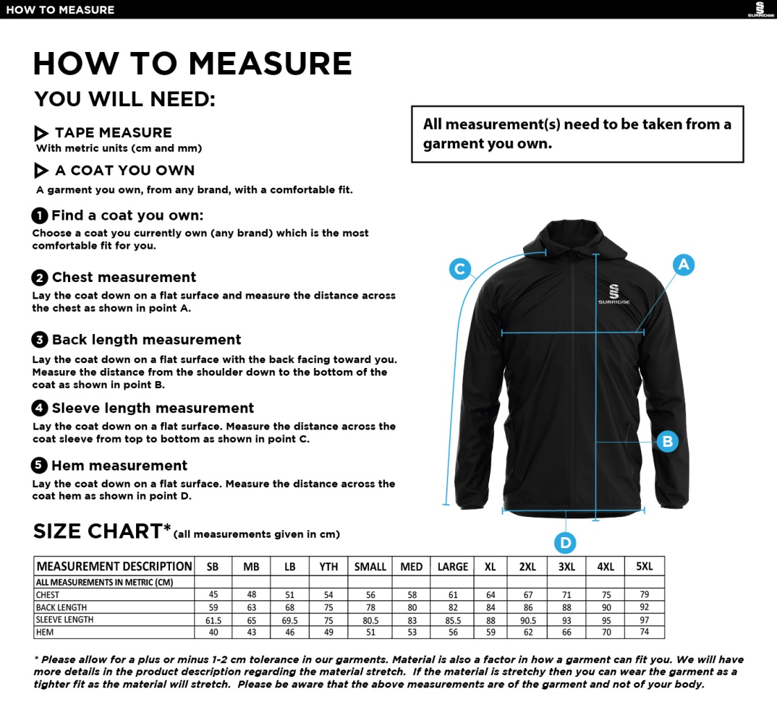 Sussex Rugby Training Jacket Navy - Size Guide