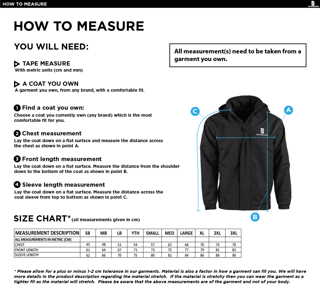 Sussex Rugby Coaches Fleeced Line Jacket - Size Guide